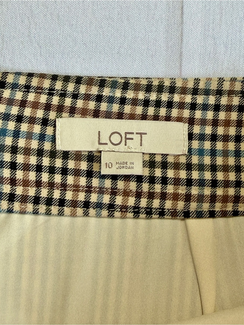 LOFT Plaid Mini Skirt Size 10 Brown Tan Blue Preppy Academia Fall A-Line - Picture 4 of 8